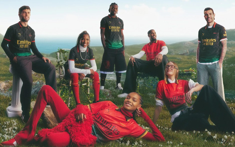 AC Milan x Off-White collectie 2022 met spelers in streetwear shirts en lifestyle outfits in buitenlocatie